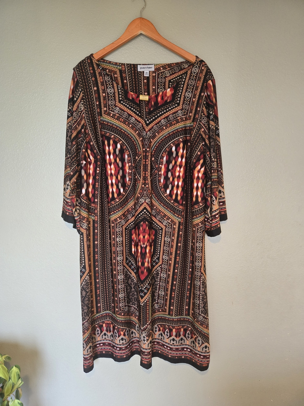 Shelby & Palmer Multicolor Geometric Midi Dress, 3/4 Sleeve, Fall, Chic, Boho